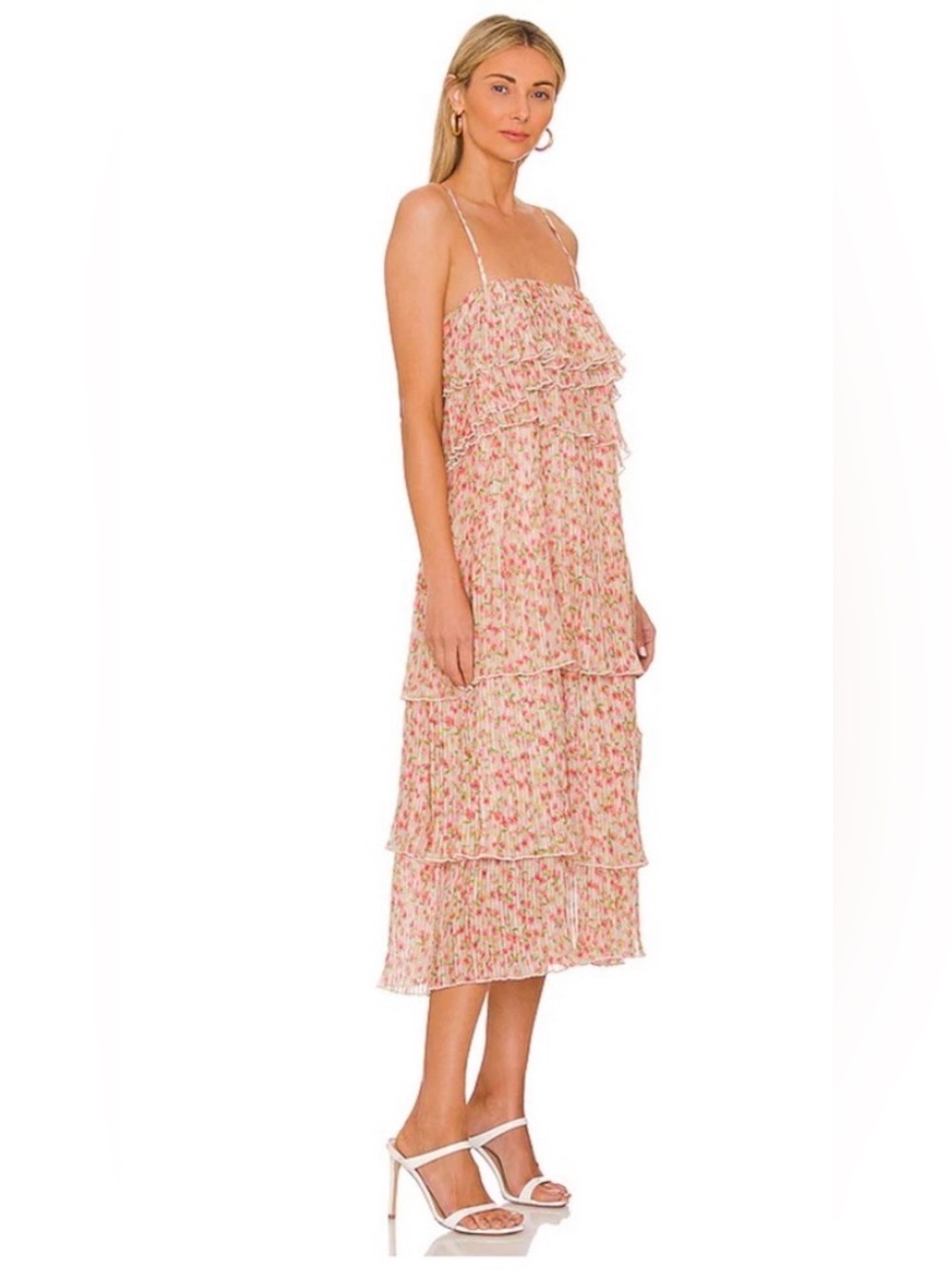 Something Navy Floral Pleated Tiered Dress S Romantic Chiffon Ruffle Pull On. - Picture 2 of 13